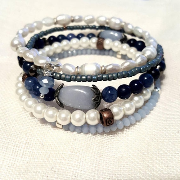 Shabby Chic 5 Layer Pearly Blue Lapis Bracelet - Picture 2 of 8